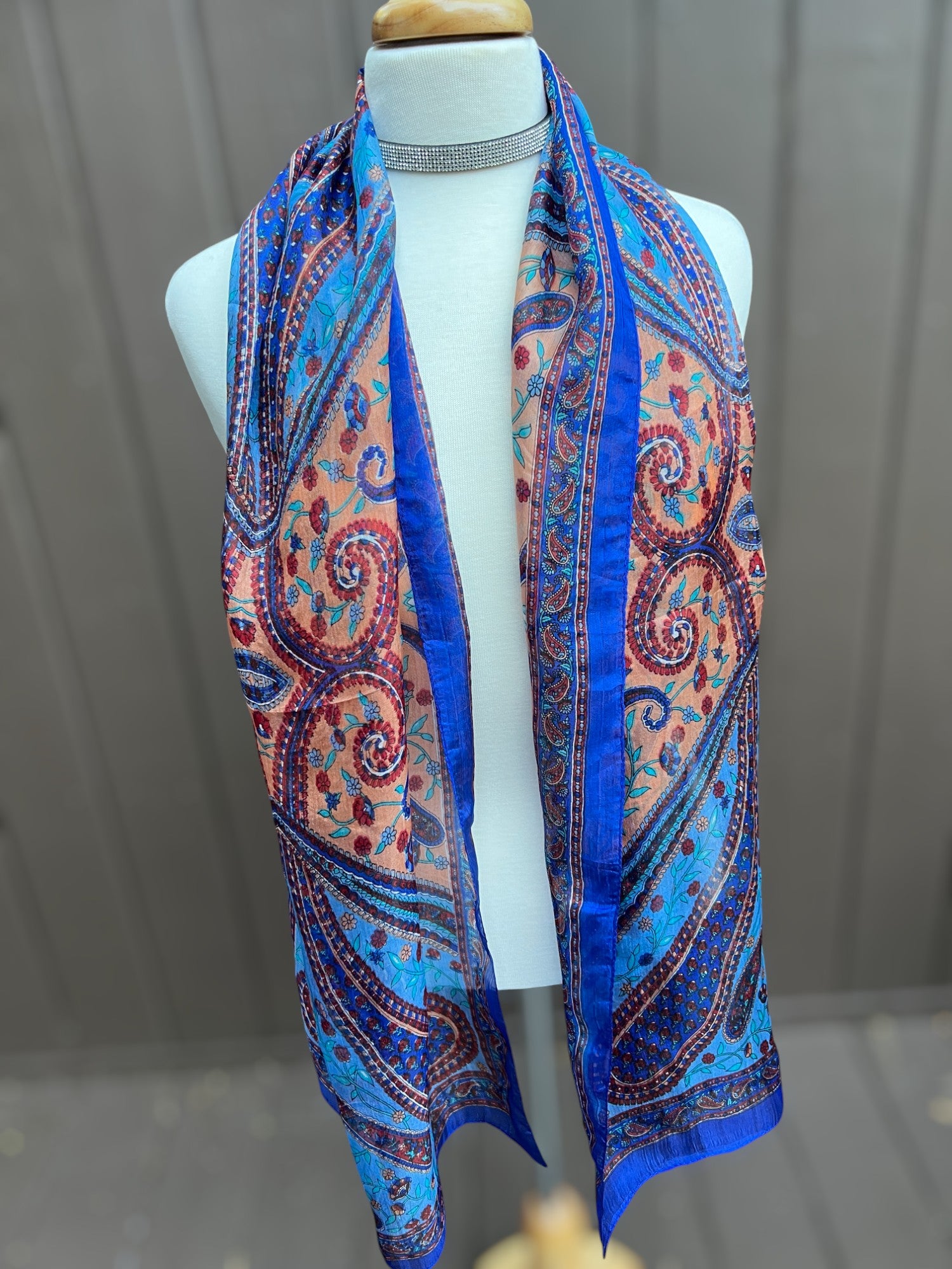Blue and Peach Silk Scarf-4