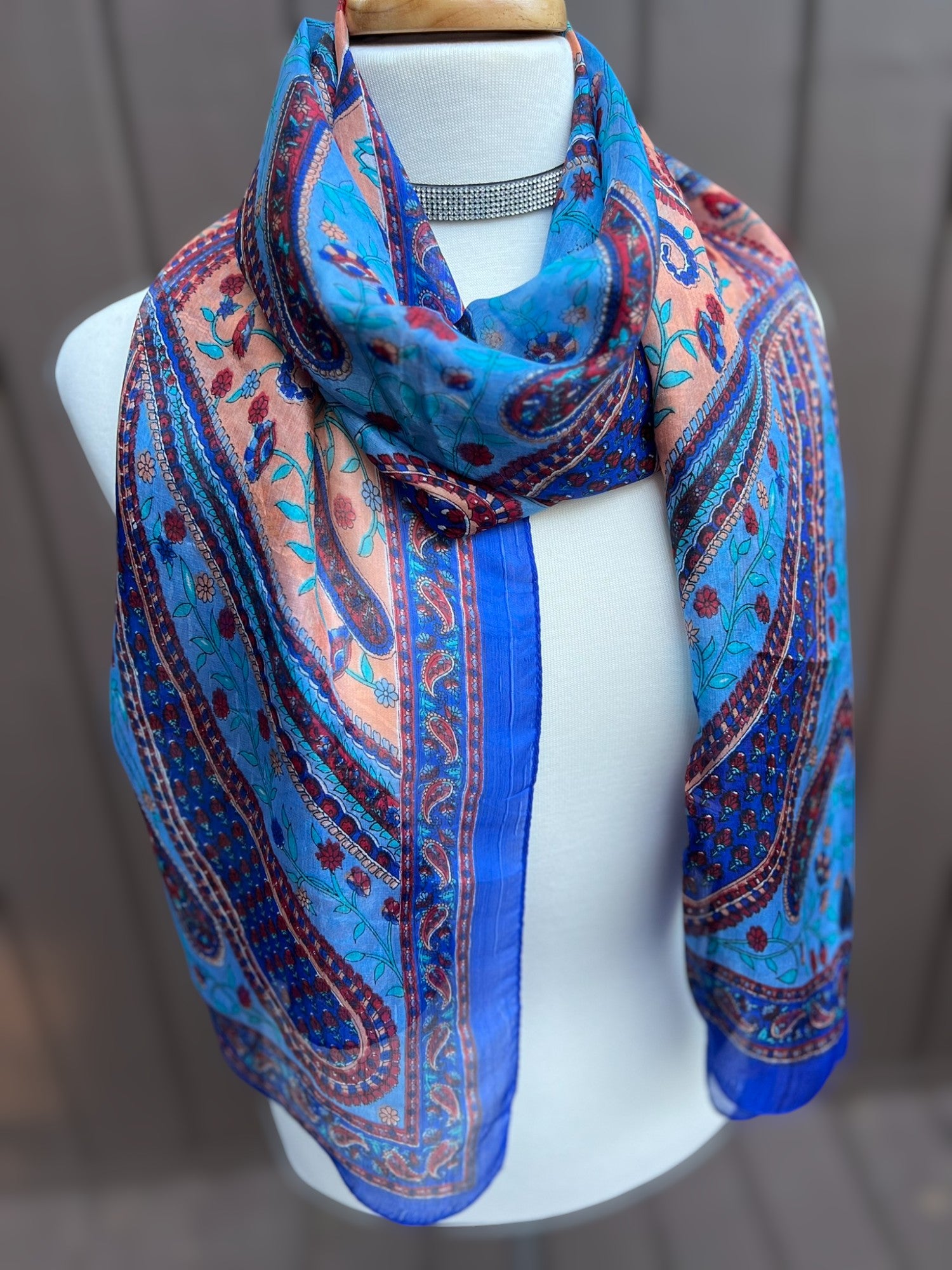 Blue and Peach Silk Scarf-1