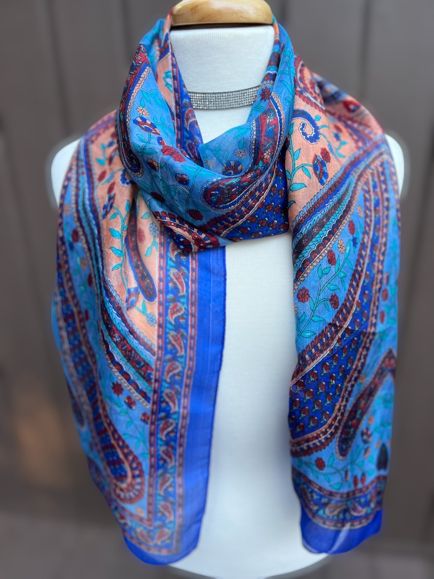 Blue and Peach Silk Scarf-0