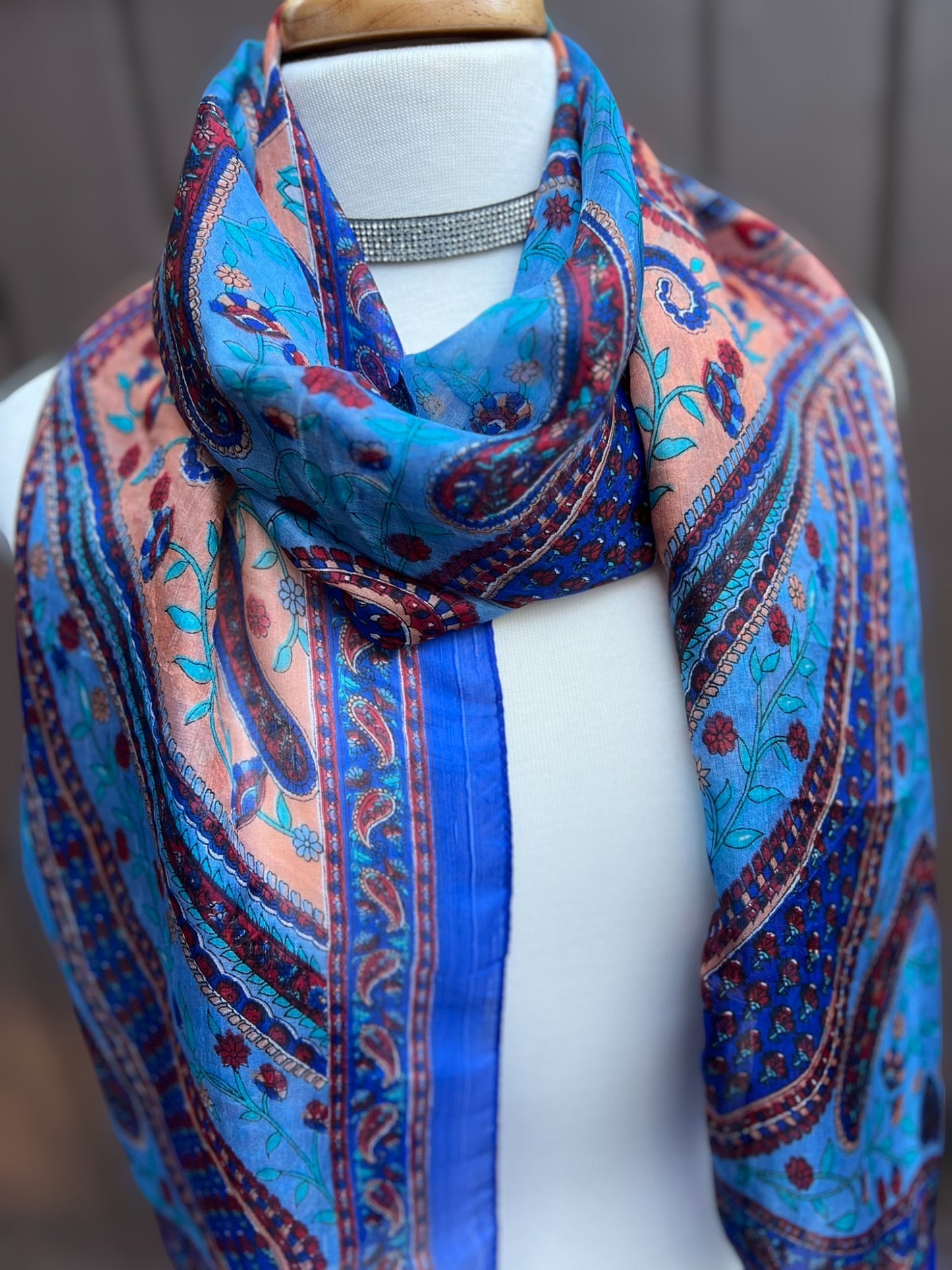 Blue and Peach Silk Scarf-2