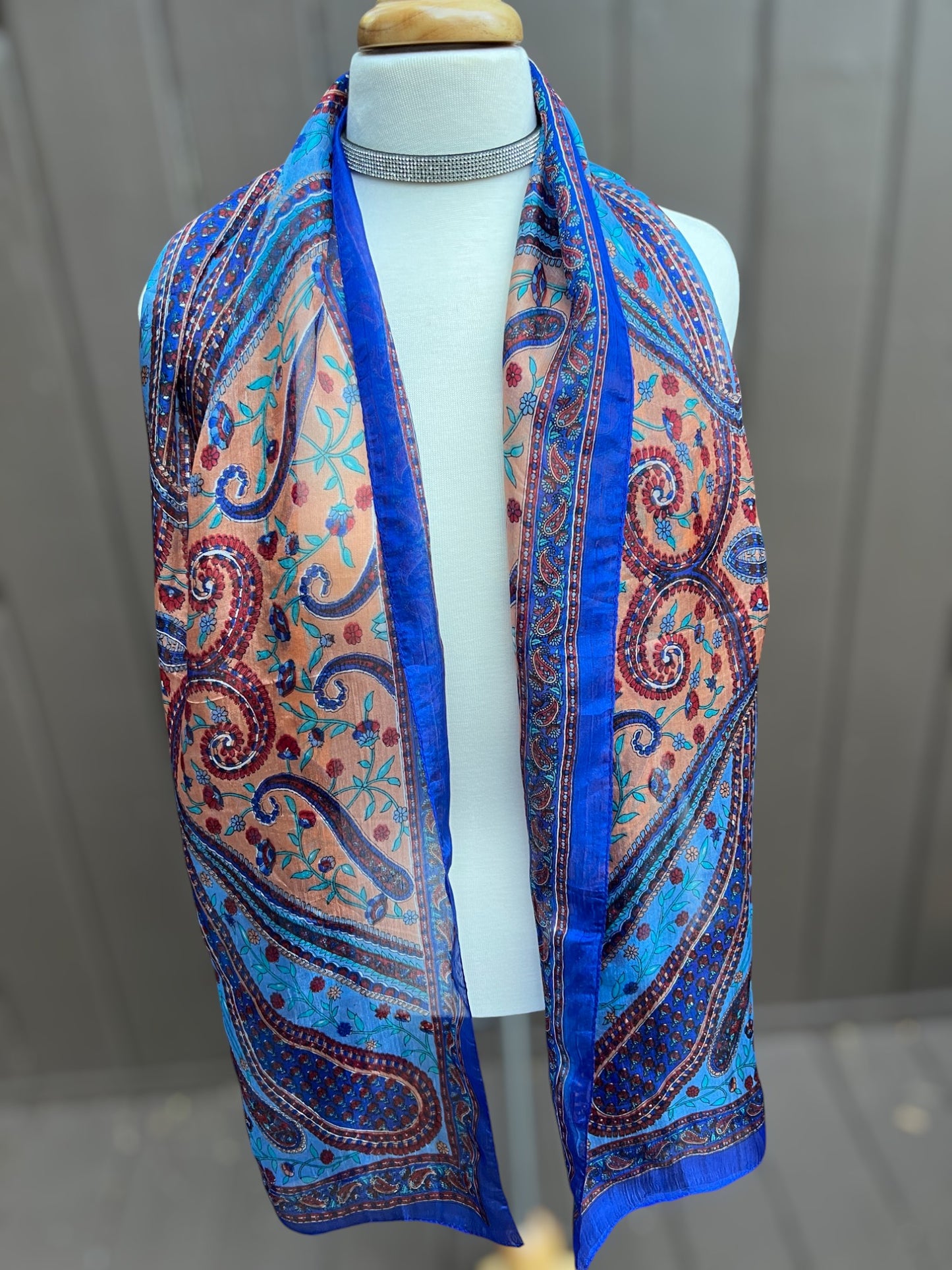 Blue and Peach Silk Scarf-3