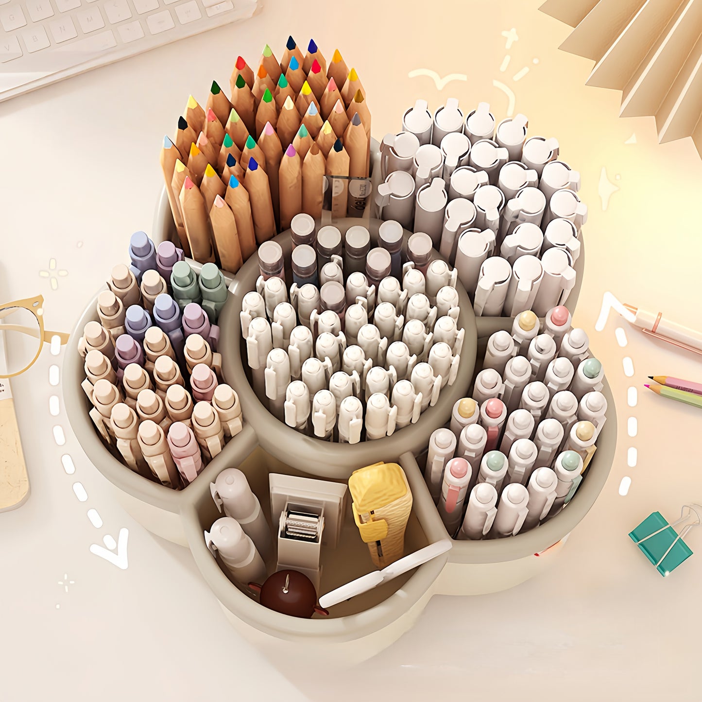 Suport rotativ pentru creioane, compartimente multiple